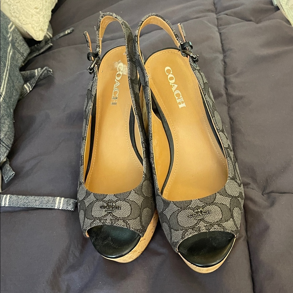 Coach Black Patterned Wedge Sandals